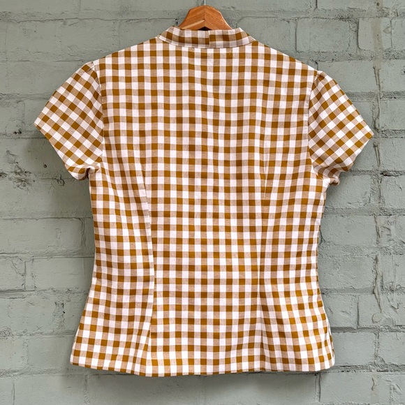 Gingham Short Sleeve Button Down Blouse with Bow Tie Collar - Picture 3 of 5